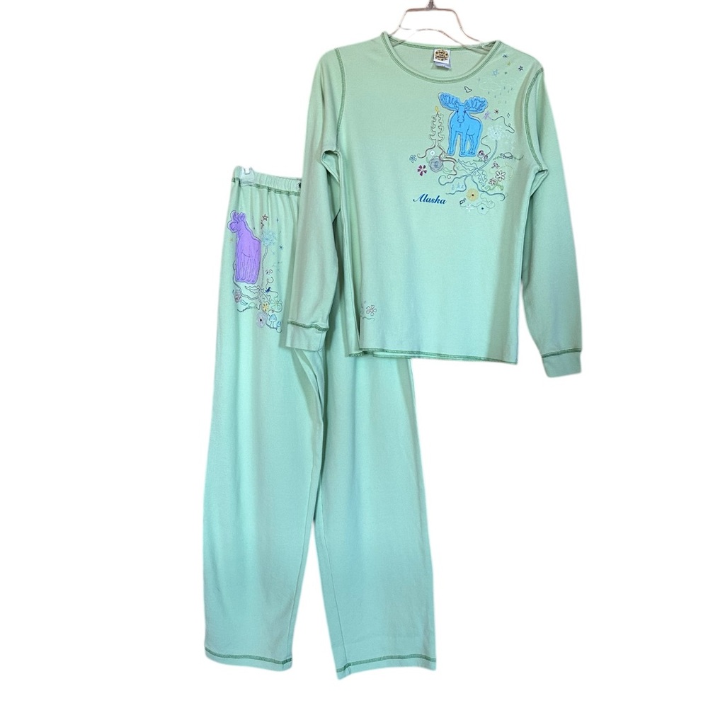 Toast and Jammies Medium Wide Leg Pajama Waffle Appliqué Moose Mushrooms Alaska